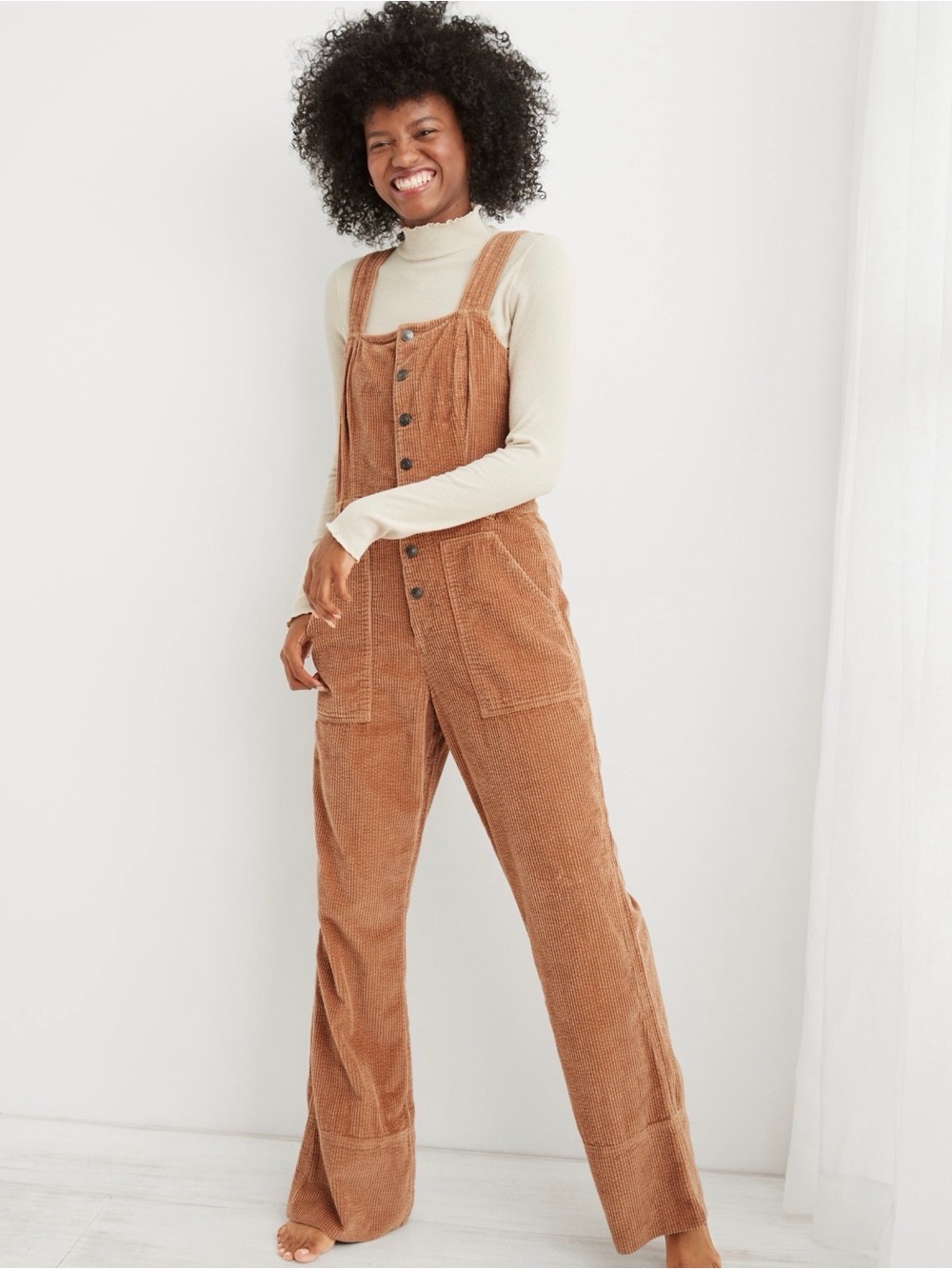 Aerie Corduroy Kick Flare Jumpsuit Cappuccino Brown Button Front Wide Leg Size L